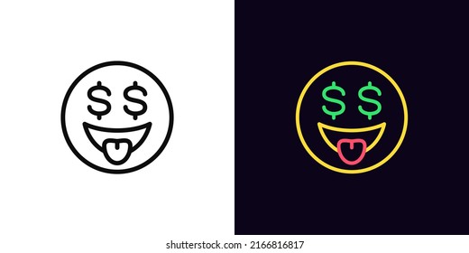 Outline money emoji icon, with editable stroke. Happy emoticon with dollar eyes and tongue, money love pictogram. Rich emoji, winner face, money prize and luck. Vector icon, sign for UI and Animation