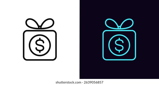 Outline money prize icon, with editable stroke. Gift box with dollar icon, money reward, surprise. Token giveaway, coin giftbox, money present, cash prize, game bonus, winner reward. Vector icon