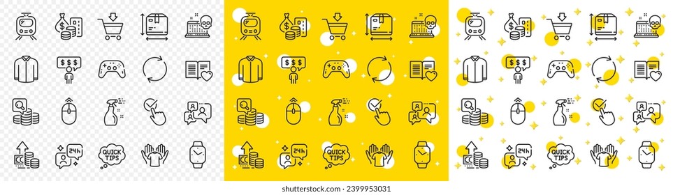 Outline Money, Smartwatch and Quick tips line icons pack for web with Checkbox, Employee benefits, Full rotation line icon. Inflation, Train, Love book pictogram icon. Online market. Vector