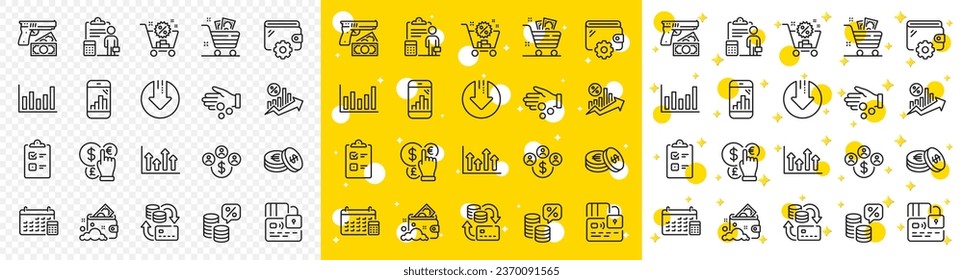 Outline Money tax, Upper arrows and Launder money line icons pack for web with Download arrow, Robbery, Accounting line icon. Column chart, Grocery basket, Shopping cart pictogram icon. Vector