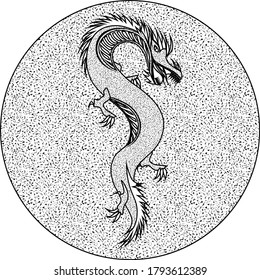 outline monochrome dragon on textured circle