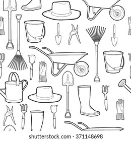 Outline monochrome pattern with garden, farmer tools. Instruments, hat, wheelbarrow, gloves. Vector