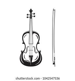 Esbozo de silueta monocroma de violín de icono con arco, instrumento musical clásico, ilustración vectorial