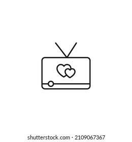 Outline monochrome symbol drawn in flat style with thin line. Editable stroke. Line icon of hearts on screen of tv with antenna as symbol of tv show about love 