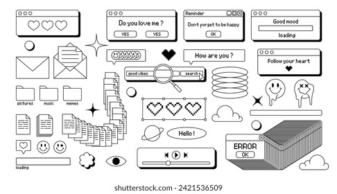 Outline Monochrome Vector Icons, Social Media Elements In Old School Nostalgic Psychedelic Vaporwave Style