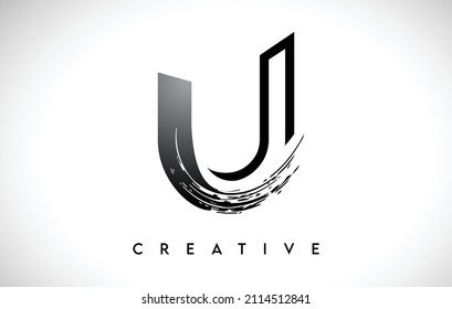 Outline Monogram Letter U Brush Stroke Design Logo Icon with Artistic Paintbrush Stroke Logo Icon Illustration.