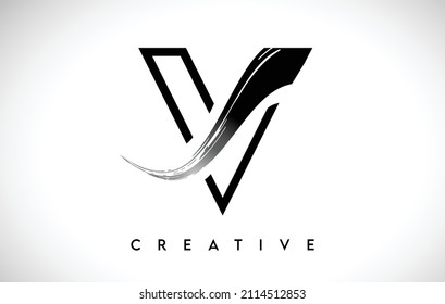 Outline Monogram Letter V Brush Stroke Design Logo Icon with Artistic Paintbrush Stroke Logo Icon Illustration.