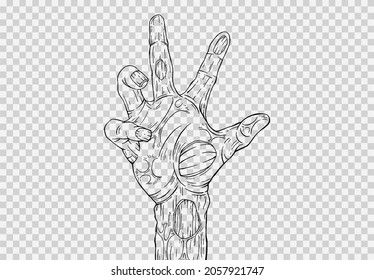 Outline monster or zombie hand holding isolated on png or transparent texture,Halloween party background ,element template for poster,brochures, online advertising,vector illustration  