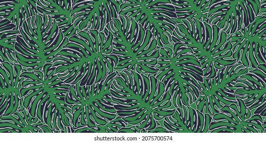 Outline monstera jungle leaves seamless pattern. Tropical pattern, palm leaf seamless. Floral background. Exotic hawaiian plants backdrop. Design for fabric, textile print, surface, wrapping, cover