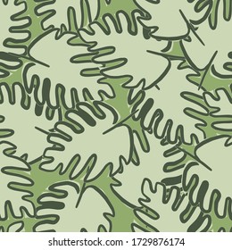Outline monstera leaf seamless pattern on green background. Tropical leaves vector illustration. Exotic jungle wallpaper. Design for fabric, textile print, wrapping paper, cover.