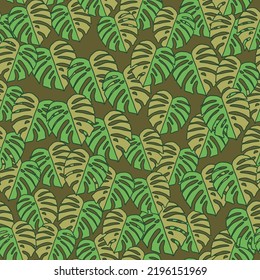 Outline monstera silhouettes seamless pattern. Palm leaves endless background. Botanical wallpaper. Decorative backdrop for fabric design, textile print, wrapping, cover. Vector illustration