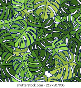 Esbozar las siluetas de monastera en un patrón sin fisuras. La palma deja un fondo interminable. Papel de pared botánico. Fondo decorativo para el diseño de tejidos, impresión textil, envoltura, cubierta. Ilustración del vector