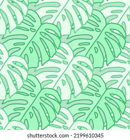 Outline monstera silhouettes seamless pattern. Palm leaves endless background. Botanical wallpaper. Decorative backdrop for fabric design, textile print, wrapping, cover. Vector illustration