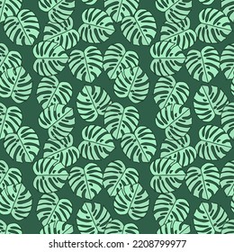 Outline monstera silhouettes seamless pattern. Palm leaves endless background. Botanical wallpaper. Decorative backdrop for fabric design, textile print, wrapping, cover. Vector illustration