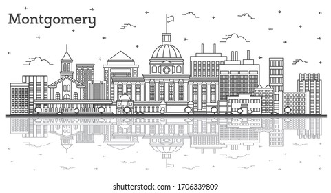 Outline Montgomery Alabama City Skyline with Modern Buildings and Reflections Isolated on White. Vector Illustration. Montgomery USA Cityscape with Landmarks.