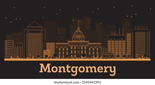 Outline Montgomery Alabama City Skyline with orange Buildings. Vector Illustration. Business Travel and Concept with Modern Architecture. Montgomery Cityscape with Landmarks.