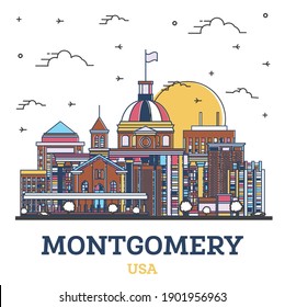 Esbozo del Montgomery Alabama USA City Skyline con edificios modernos de colores aislados en blanco. Ilustración vectorial. Montgomery USA Cityscape con monumentos.