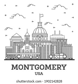 Outline Montgomery Alabama USA City Skyline with Modern Buildings Isolated on White. Vector Illustration. Montgomery USA Cityscape with Landmarks.