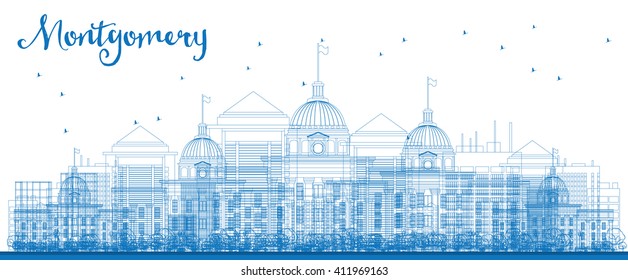 Outline Montgomery Skyline with Blue Buildings. Alabama. Vector Illustration. Business travel and tourism concept with modern buildings. Image for presentation, banner, placard and web site.