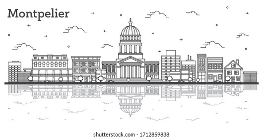 Outline Montpelier Vermont City Skyline with Modern Buildings and Reflections Isolated on White. Vector Illustration. Montpelier USA Cityscape with Landmarks.
