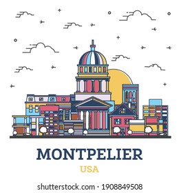 Outline Montpelier Vermont City Skyline with Color Buildings Isolated on White. Vector Illustration. Montpelier USA Cityscape with Landmarks.