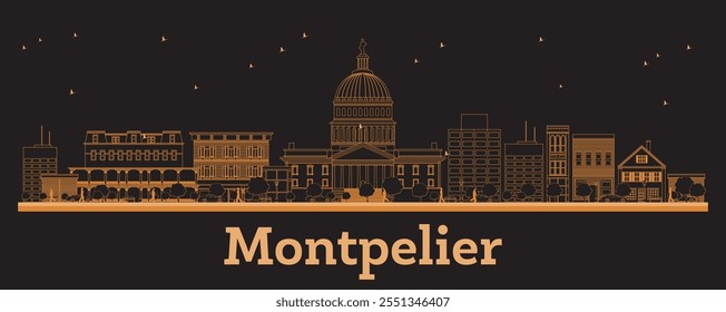 Outline Montpelier Vermont City Skyline with orange Buildings. Vector Illustration. Business Travel and Concept with Modern Architecture. Montpelier Cityscape with Landmarks.