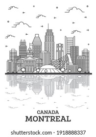 Outline Montreal Canada City Skyline with Modern Buildings and Reflections Isolated on White. Vector Illustration. Montreal Cityscape with Landmarks.