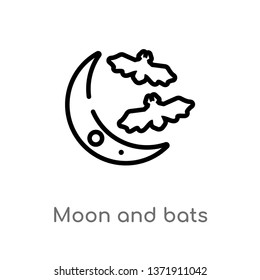 outline moon and bats vector icon. isolated black simple line element illustration from animals concept. editable vector stroke moon and bats icon on white background