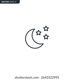 Contorno lua e estrelas ícone em design linear minimalista. Ótimo para indicadores de modo noturno, aplicativos para dormir, clima, astronomia ou projetos temáticos de sonhos. Limpar vetor com curvas suaves.
