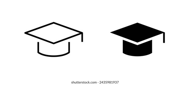 Outline Mortar Board or Graduation Cap. Educator graduation icon, seminar, classes line icons set, editable stroke isolated on white, linear vector outline illustration, symbol logo design style