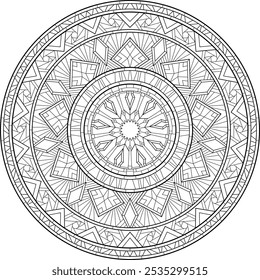 Outline Mosaic Stained Glass Geometric Mandala for Adult Coloring Book Page. Decorative Round Pattern Vector  Illustration 