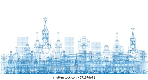 Outline Moscow City Skyscrapers and famous buildings in blue color Vector illustration. Business travel and tourism concept with modern buildings. Image for presentation, banner, placard and web site.