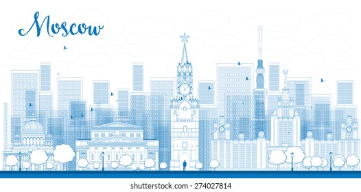 Outline Moscow City Skyscrapers and famous buildings in blue color Vector illustration. Business and tourism concept with skyscrapers. Image for presentation, banner, placard or web site