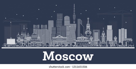 Outline Moscow Russia City Skyline with White Buildings. Vector Illustration. Business Travel and Tourism Illustration with Modern Architecture. Moscow Cityscape with Landmarks.