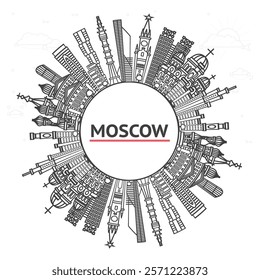 Outline Moscow Russia City Skyline with Modern and Historic Buildings Isolated on White. Vector Illustration. Moscow Cityscape with Landmarks and copy space.
