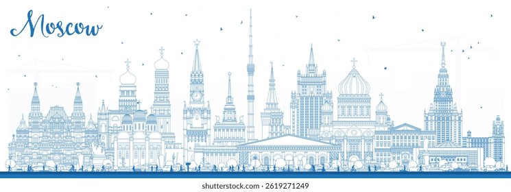 Outline Moscow Russia city skyline with blue buildings. Vector illustration. Moscow cityscape with landmarks. Travel and tourism concept with modern and historic architecture.