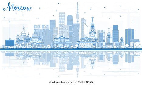 Outline Moscow Russia Skyline with Blue Buildings and Reflections. Vector Illustration. Business Travel and Tourism Illustration with Modern Architecture.