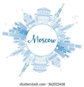 Outline Moscow Skyline with Blue Landmarks and Copy Space. Vector Illustration. Business Travel and Tourism Concept with Historic Buildings. Image for Presentation, Banner, Placard and Web Site.