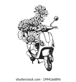 Outline motorcycle with sunflower, retro style. Vector illustration for coloring book, sticker and tattoo. They are great for decoration or as part of a design.