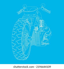 Outline of a motorcycle from white lines isolated on a blue background. Front view. 3D. Vector illustration.