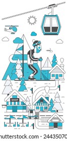 Outline mountain background, vector ski resort with man skiing on mountain.