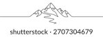 Outline of a mountain range with a river winding through it, drawn with one continuous line. Symbol of nature, travel, adventure, climbing, and grandeur. Vector illustration.