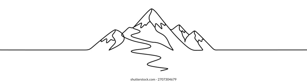 Outline of a mountain range with a river winding through it, drawn with one continuous line. Symbol of nature, travel, adventure, climbing, and grandeur. Vector illustration.