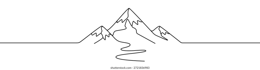 Esquema de una cordillera con un río que serpentea a través de ella, dibujado con una línea continua. Símbolo de la naturaleza, los viajes, la aventura, la escalada y la grandeza. Ilustración vectorial.