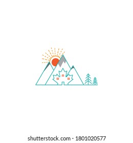 Outline mountain sunrise design with maple tree