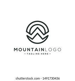 Outline of the mountain and sunset vector logo. Illustration of landscape lines. The logo of the mountain and the sun and the sun. Mountain badge. Travel, nature or camping logos.