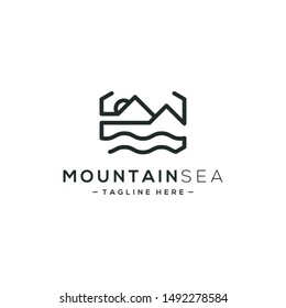 Outline of the mountain and water logo. Illustration of landscape lines. The logo of the mountain and water lines and the sun. Travel, nature or camping logos.