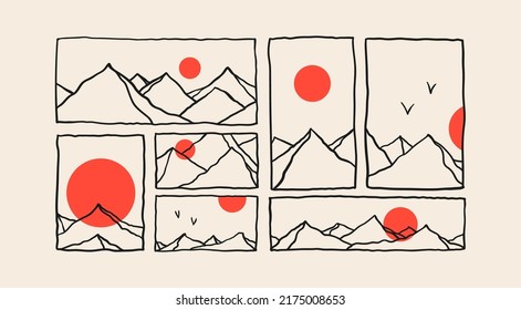 Outline Mountains, red round sun or moon. Various landscapes set. Abstract modern design. Hand drawn trendy Vector illustrations. Different patterns. Poster, print template 