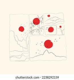 Outline Mountains, red round sun or moon. Various landscapes set. Abstract modern design. Hand drawn trendy Vector illustration. Poster, print template