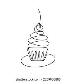 Outline muffin cupcake with cherry berry vector one line continuous drawing illustration. Hand drawn linear silhouette icon. Minimal design element for print, banner, card, wall art poster, brochure